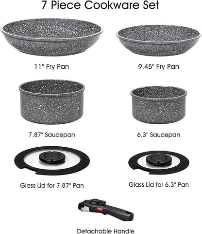 7pcs Pots and Pans Set Non Stick from France, Ceramic Cookware Set with Removable Handle, Induction RV Kitchen Cookware Set, Stackable, PFOA and PFAS Free, Oven Safe, Black Granite