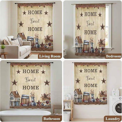 Farm Sheer Curtains 72 Inch Length American Country Barn Star Vintage Berry Brown Chiffon Curtain for Bedroom Living Room Light Filtering Rod Pocket Window Treatments Voile Curtains Drapes for Dining