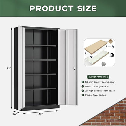 Greenvelly Metal Garage Storage Cabinet with Doors and Adjustable Shelves,72" Steel Lockable File Cabinet for Home Office,Garage,School(Black Grey,32" W x 16" D)