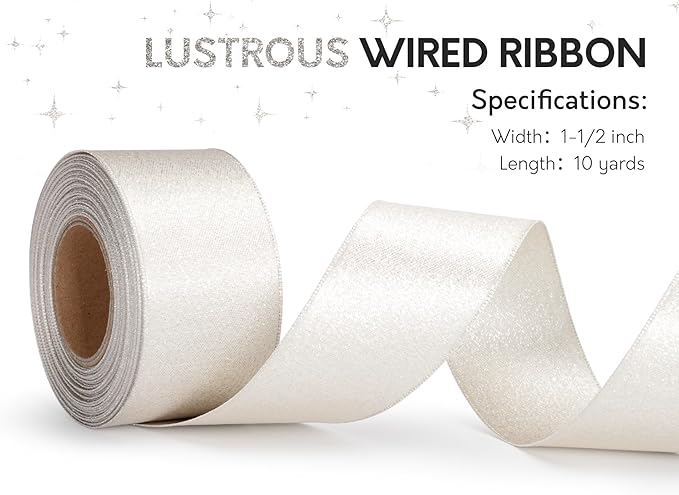 Champagne Satin Wired Ribbon 1-1/2 Inch Double-Faced Sliver Glitter Ribbons for Wreath, Christmas Tree Decoration, Gift Wrapping, Home Decor 10 Yards