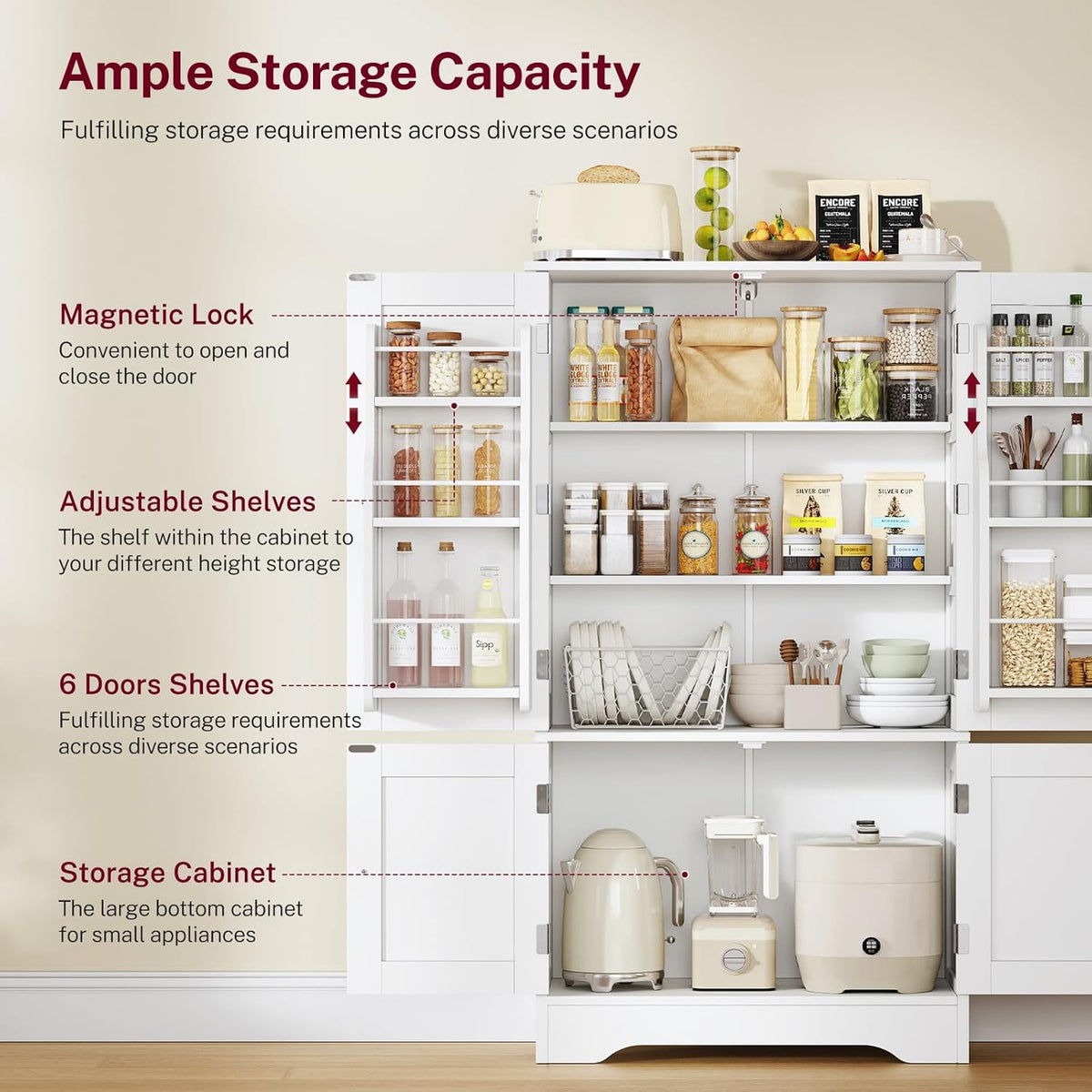 TEENFON 43'H Pantry Cabinet with 4 Doors, Kitchen Cabinet with 6 Door Shelves, Storage Cabinet-Kitchen Pantry for Living Room, Dining Room, Bathroom, White