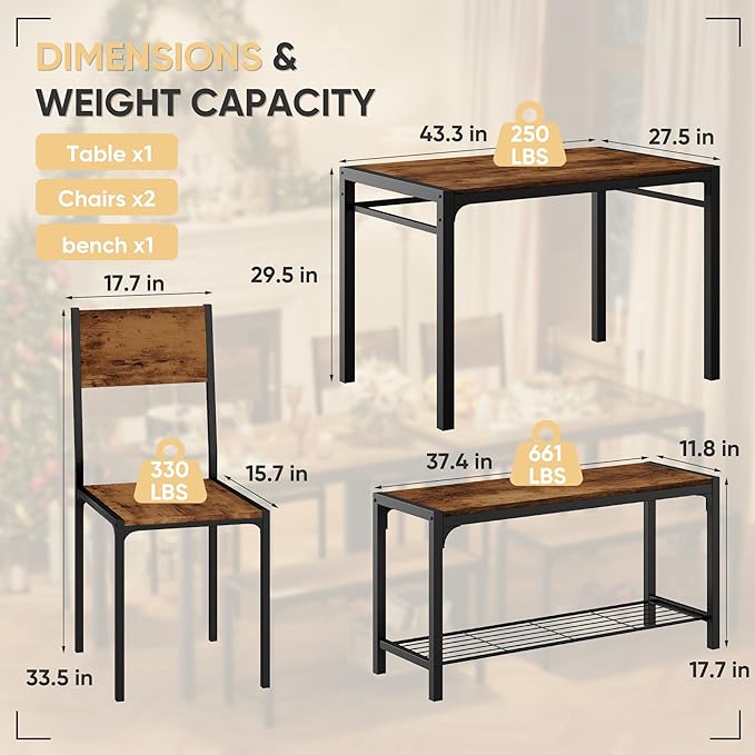 Shahoo Kitchen Table and 2 Chairs for 4 with Bench, 4 Piece Dining Sets for Small Space, Brown