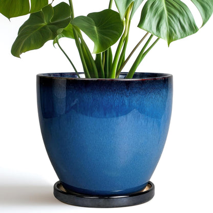 8 Inch Planter - Ceramic Plant Pot with Drainage Hole and Tray Round Planter Modern Flower Pot for Room Home Office Patio Porch Garden Decor Blue