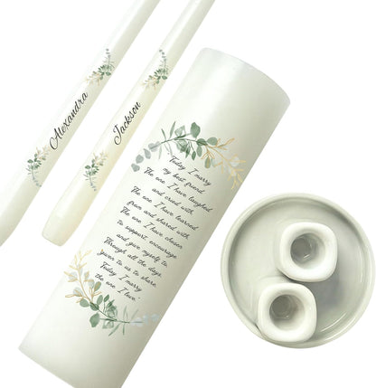Unity Candles for Wedding, Modern Unity Set, Custom and Personalized Taper Candles with Bible Quote, Unscented White Premium Wax, Religious and Wedding Ceremony, Special Events (Custom Names)