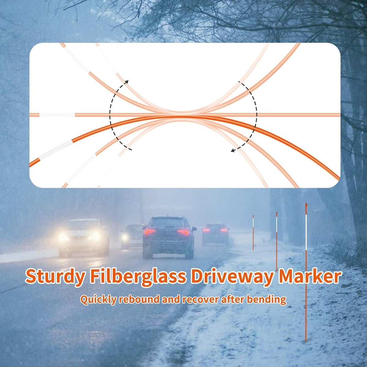 Growsun Driveway Marker 48 inch Orange Fiberglass 5/16 inch Dia Snow Fence Reflective Plow Stakes for Yard Walkways Parking Lots Safety Rods Edge, 50 Pack