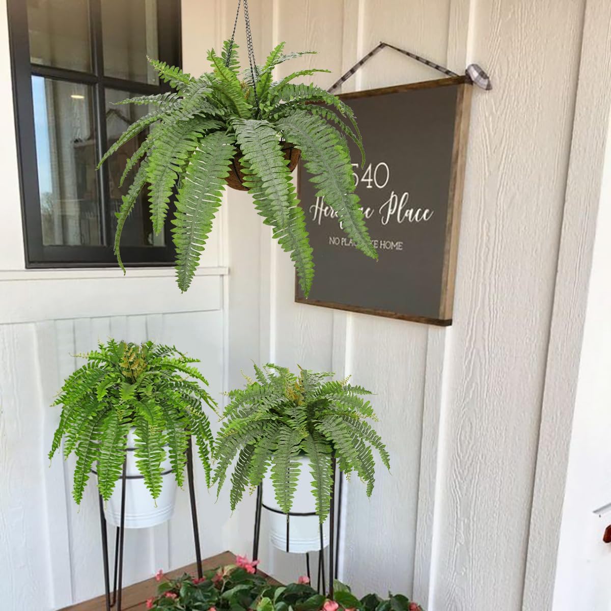 Fake Hanging Plants Large Boston Fern Artificial Plants Outdoor Realistic Fake Ferns with Palm Basket Silk Plants Ferns Hanging Plant Artificial Decor for Home Front Porch Window Garden - Dusty Green