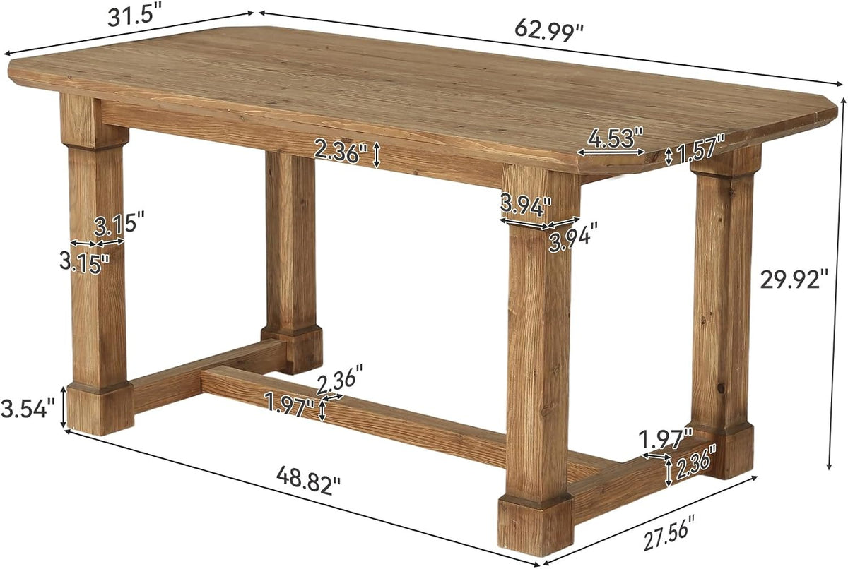 63" Solid Wood Dining Table, Rectangular Kitchen Table with Sturdy Legs, Rustic Wooden Dinner Tables for 4-6, Dining Room, Living Room, Natural Finish