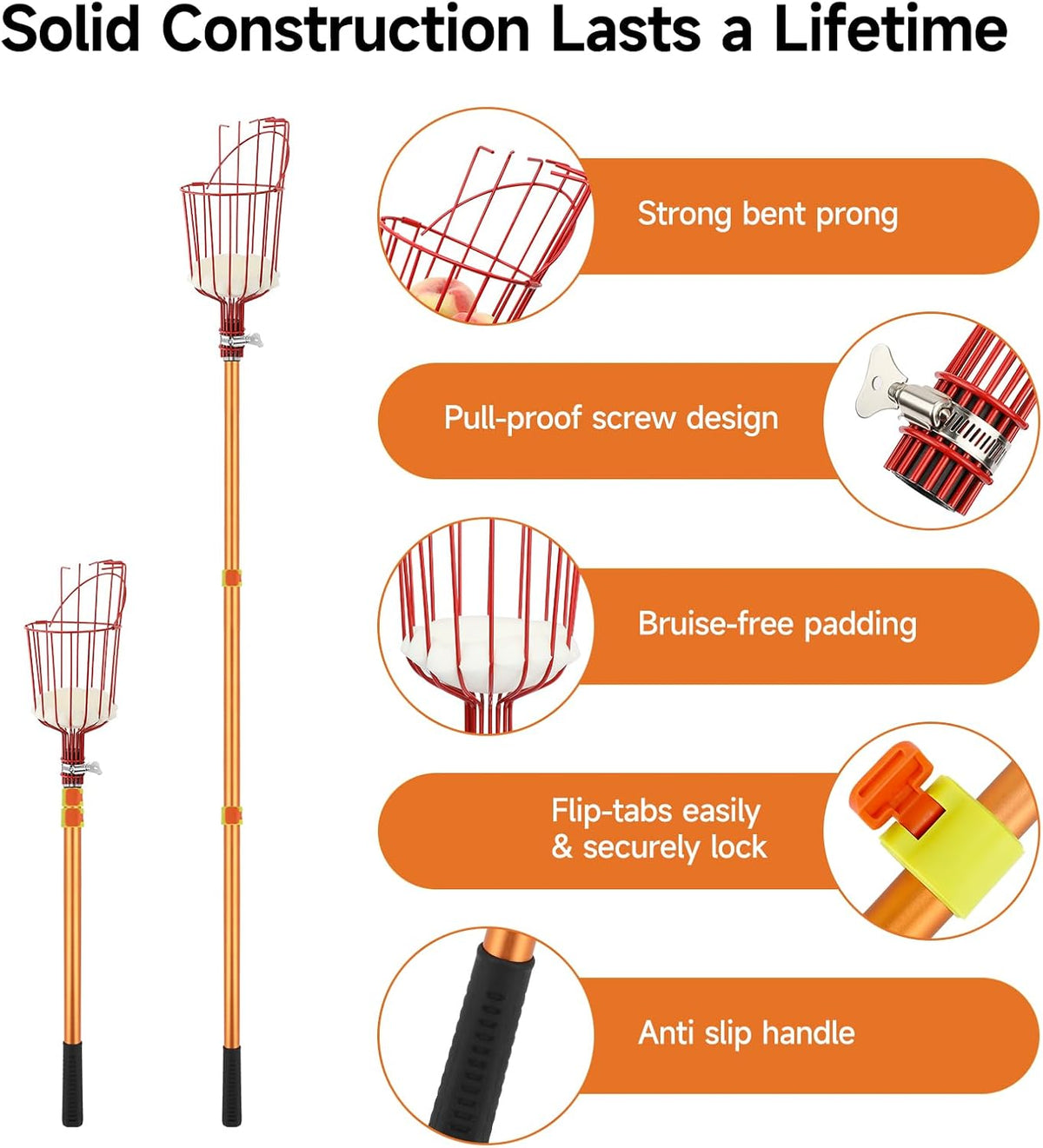 SANLIKE Fruit Picker Tool 8FT Telescoping Fruit Picker Pole, Easy to Assemble Twist-On Apple Basket, Lightweight Aluminum Fruit Picking Equipment for Getting Fruits Apple Orange Pear Mangoes