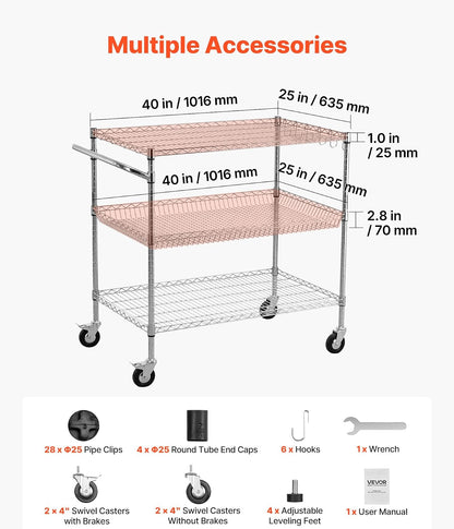 VEVOR Kitchen Utility Cart, 3 Tier Heavy Duty Adjustable Wire Storage Rack, Commercial Steel Rolling Service Trolley on Wheels, Work Table with Handle Bar, for Garage and Laundry Room, 40x25x40.9 in