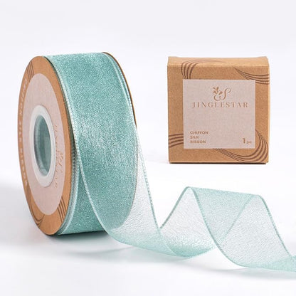 1 Inch Wide Sheer Chiffon Ribbon - Pearl Silk Woven Ribbon Suitable for Gift Wrapping, Wedding Decor, Home Decor, Girl Hair Accessories Handmade DIY (25 Yards/roll) (Light Dark Green)