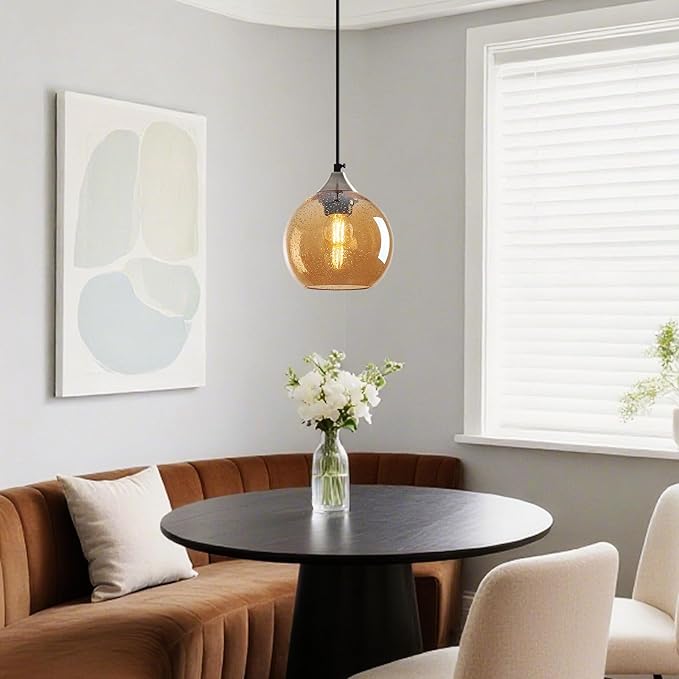 Amber Glass Pendant Lights Kitchen Island Globe Pendant Light Fixtures Modern Pendant Lighting for Bedroom Living Dining Room Light Fixture (5.9 in, 2 Pack)