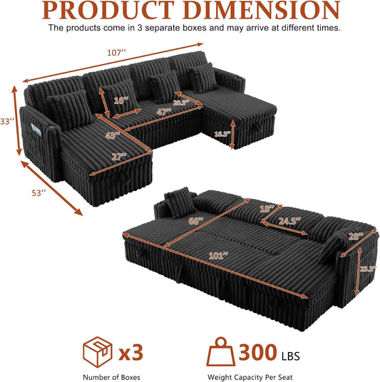 107'' Sectional Sleeper Sofa with Pull Out Bed, Storage Chaise, Adjustable Backrest, USB Charger, Cup Holder & Side Pocket, Fluffy Soft Corduroy U Shaped Couch for Living Room, Black