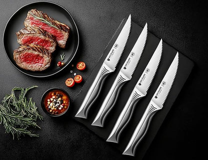 BRODARK Steak Knives Set of 8: 4.5 Inch Serrated Steak Knives - High Carbon Stainless Steel Kitchen Steak Knife Set - Never Need Sharpening - NSF Certified, Shark Series