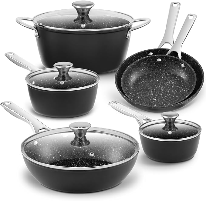 Induction Cookware Nonstick, BEZIA Pots and Pans Set for Induction Cooktop, Compatible with All Stoves, Dishwasher Safe Kitchen Cooking Pan Set with Frying Pans, Saucepans & Stockpot, 10-Piece (Black)