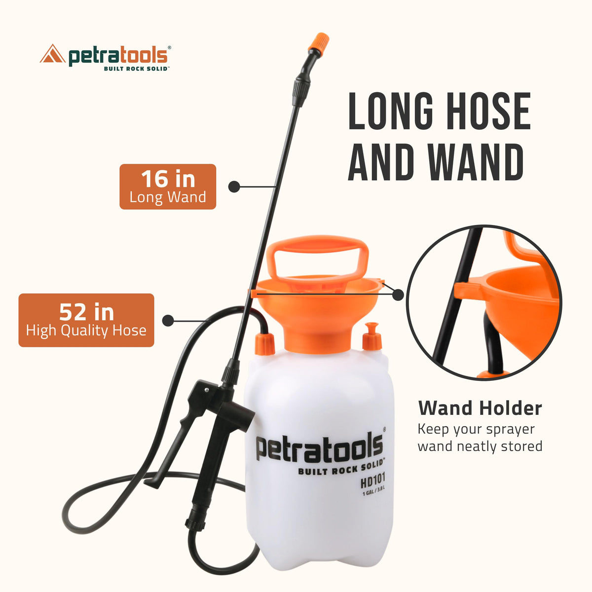 PetraTools HD101 Garden Pump Sprayer, 52-in Long Hose & 2 Nozzles, 1 Gallon
