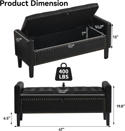 WUTUTUEE 47" Modern Water-Resistant Faux Leather Storage Ottoman Bench with Wooden Legs, Upholstered End of Bed Bench for Bedroom, Living Room or Entryway, Black