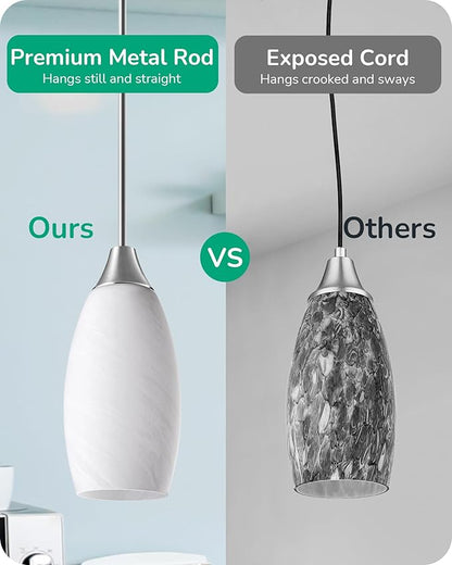 EDISHINE Pendant Light Fixture, Handcrafted Art Glass Hanging Light, Hardwired Ceiling Light, White Marble Glass Shade, Adjustable Brushed Nickel Rods, E26 Base, Pendant Lamp for Kitchen Bathroom Bar