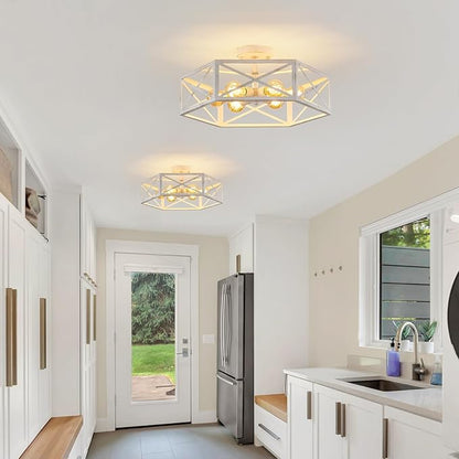 White Flush Mount Ceiling Light, 6 Light Flush Mount Light Fixture, Modern Close to Ceiling Light with Metal Hexagon Cage, Farmhouse Light Fixture for Hallway, Kitchen, Bedroom