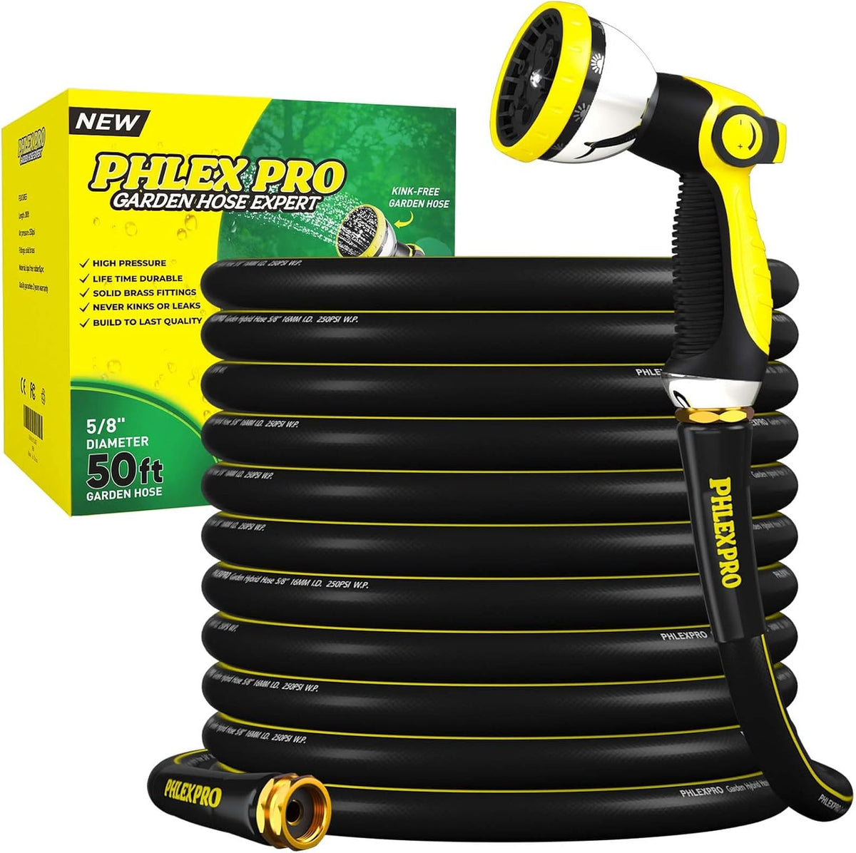 Garden Hose 50FT with 10 Pattern Spray Nozzle - PHLEX PRO Heavy-Duty Premium 5/8'' Rubber 3-Layer Water Hose - Innovation Flexible Hybrid Lightweight Water Hose, Full Brass Fittings (RyobiGreen)