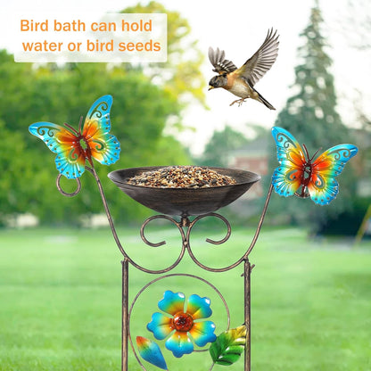 LEWIS&WAYNE Garden Trellis Bird Bath Outdoor, 40 Inch Antique Iron Garden Plant Trellis Decorative with Floral-Butterflies and Detachable Drinking Basin Bowl, Free Standing BirdBath Birdfeeder Station