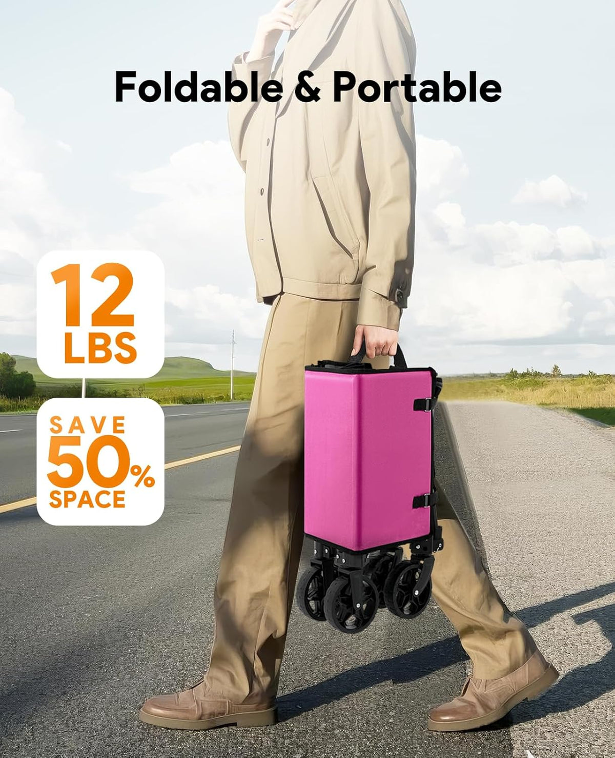 3 in 1 Collapsible Wagon Converts to Bench, 220lbs Foldable Wagon Cart with Wheels, 120L Shopping Cart for Groceries Folding Utility Wagon for Beach, Garden, Camping, Sport, Wheelbarrows, Pink