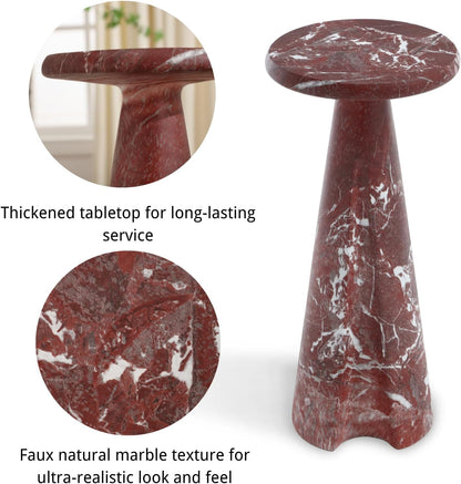Modern Faux Marble Bedside Table for Living Room, 9" Round Stone Side Table Vintage Night Stand, Small Rustic Red End Table for Drink in Bedroom Apartment Waiting Room, White and Red