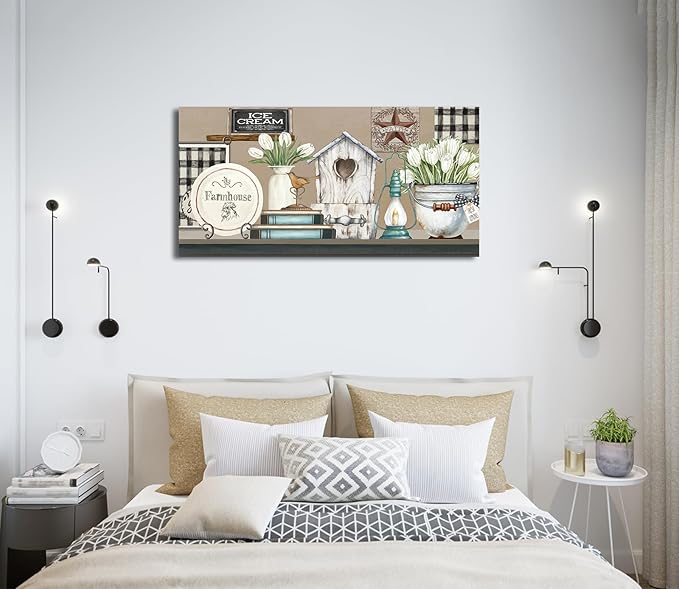 NINEASO Kitchen Wall Art Canvas - Rustic Country Pictures Farmhouse Wall Art Decor Vintage Objects Painting Artwork Retro Prints for Living Room Bedroom Home Decorations 20" x 40"