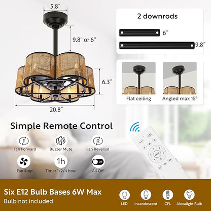 Ceiling Fans with 6-Bulb Lights and Remote, Flower Shaped Ceiling Light with 6 Adjustable Speed and for Bedroom, Kitchen and Living Room, Rattan Shade