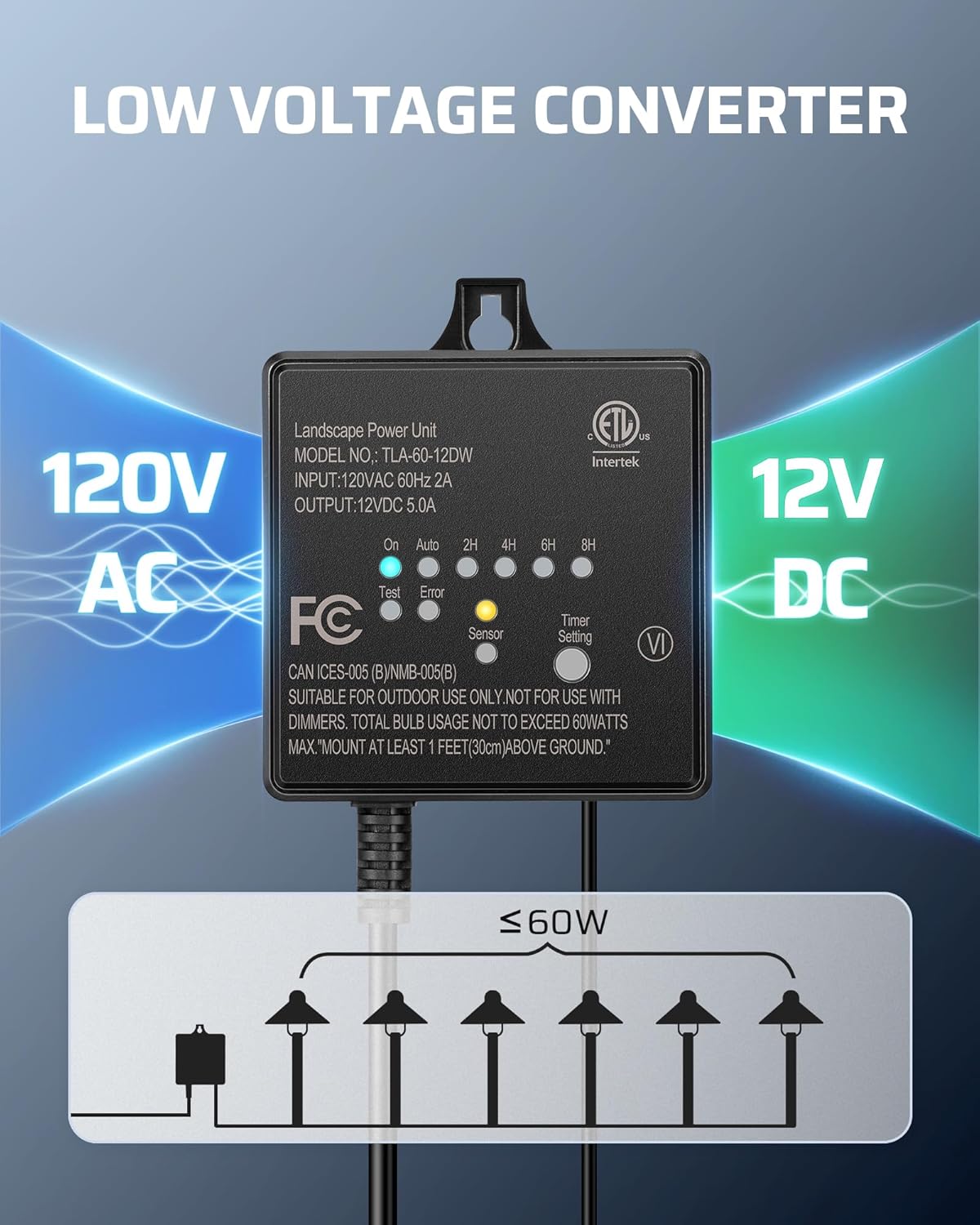 DEWENWILS 60W 120V AC to 12V DC Outdoor Low Voltage Transformer with Timer and Photocell Light Sensor, Weatherproof, Specially for LED Landscape Lighting, Spotlight, Pathway Light, ETL Listed