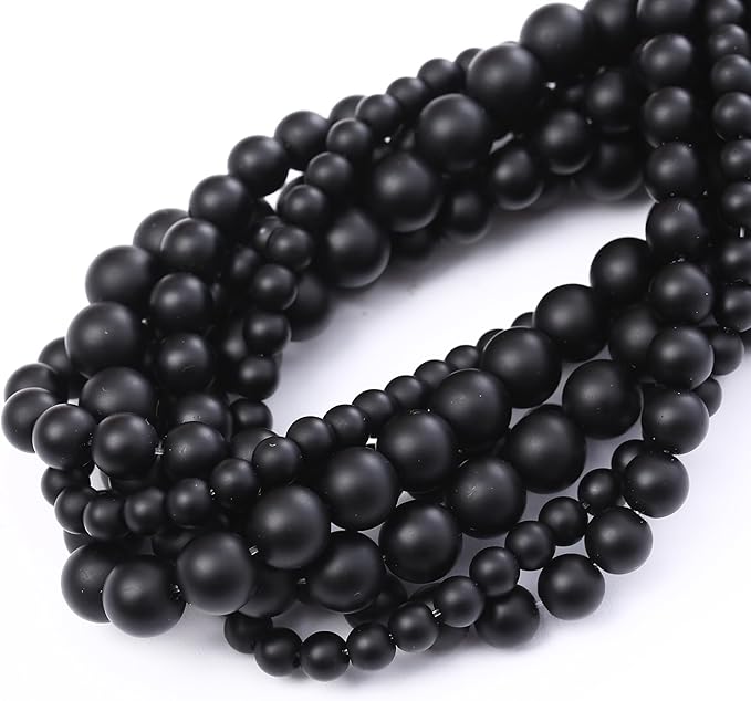 Natural Frosted Black Glass Stone Beads Gemstone Round Crystal Energy Jade Beads Stone Beads for Jewelry Making DIY Bracelet Necklace Jewelry Making 1 Strand 15.5inch 91PCS 4MM