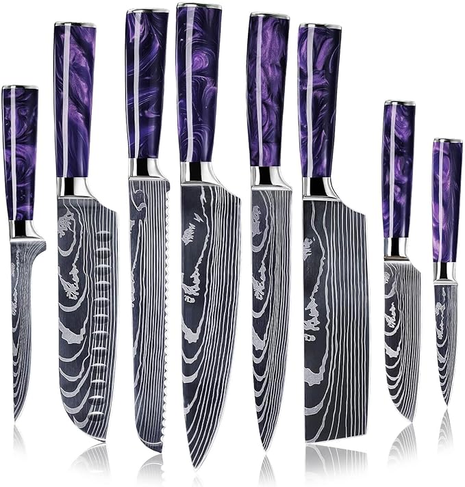SENKEN 8-Piece Japanese Knife Set with Blue Resin Handle and Laser Damascus Pattern - Cerulean Collection - Chef's Knife, Cleaver, Santoku Knife, Bread Knife, Paring Knife, & More (Amethyst Purple)