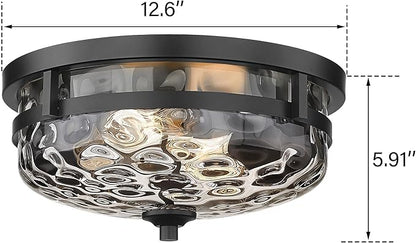 Casia Flush Mount Ceiling Lights, 2-Light Farmhouse Close to Ceiling Light, Hammered Glass Ceiling Light, Industrial Ceiling Lighting Fixture for Kitchen Hallway Living Room Stairwell (Black)