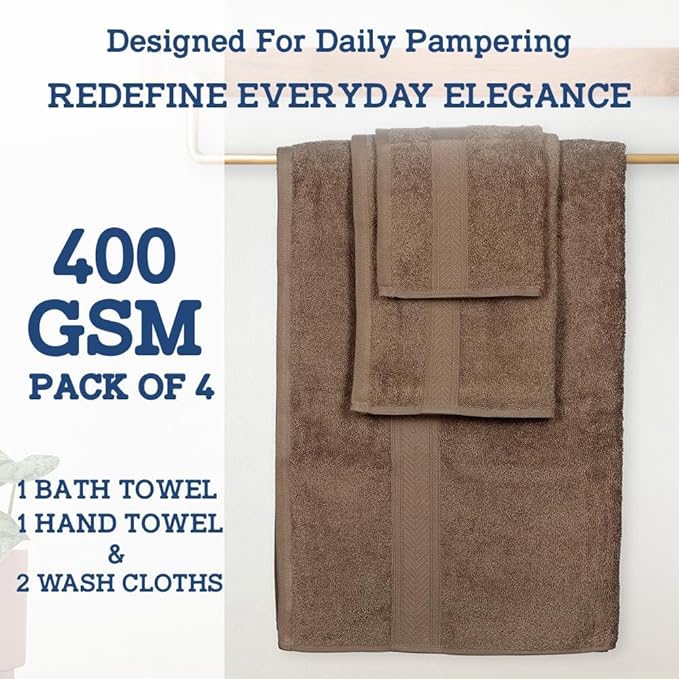 Casa Lino 100% Cotton Bath Towels Set of 4 (1 Bath Towel, 1 Hand Towel & 2 Wash Cloths) - Bathroom Towels and Washcloths Set - Complete Bathroom Set - Guest Room Essentials - (Brown)