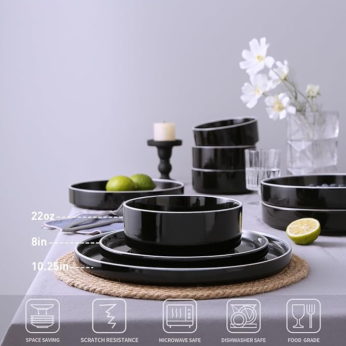 Famiware Nebula Plates and Bowls Set, 24 Pieces Dinnerware Sets, Dishes Set for 8, Black with White Rim