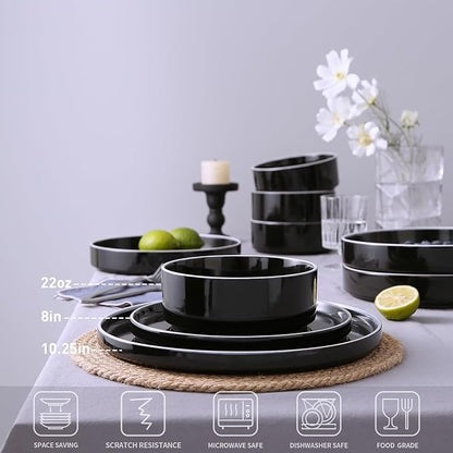 Famiware Nebula Plates and Bowls Set, 24 Pieces Dinnerware Sets, Dishes Set for 8, Black with White Rim