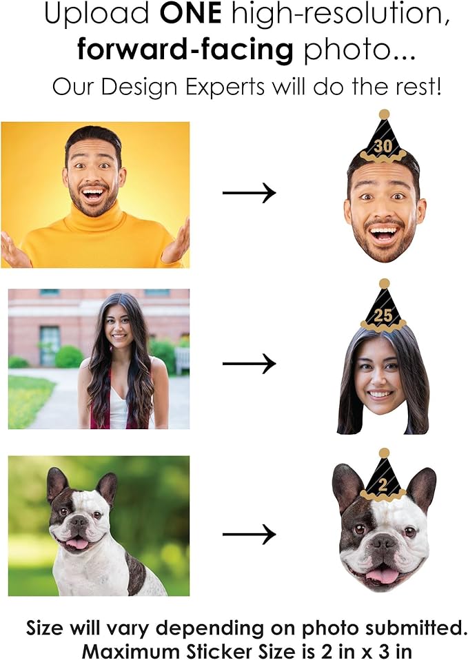 Big Dot of Happiness Custom Photo Adult Happy Birthday - Black & Gold Personalized Birthday Party Favors - Fun Face Cut-Out Stickers - Set of 24