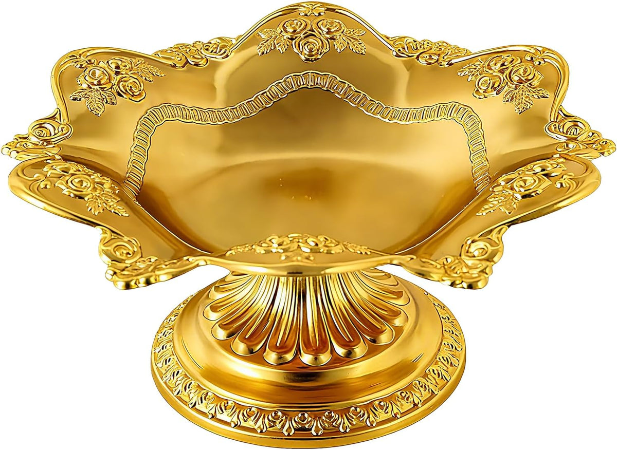 Golden Fruit Bowl for Kitchen Counter, Christmas Decorative Bowl for Home Decor, Serving Tray for Candy Dish Pedestal Floating Flowers Diwali Candles, Buddhist Offering Plate