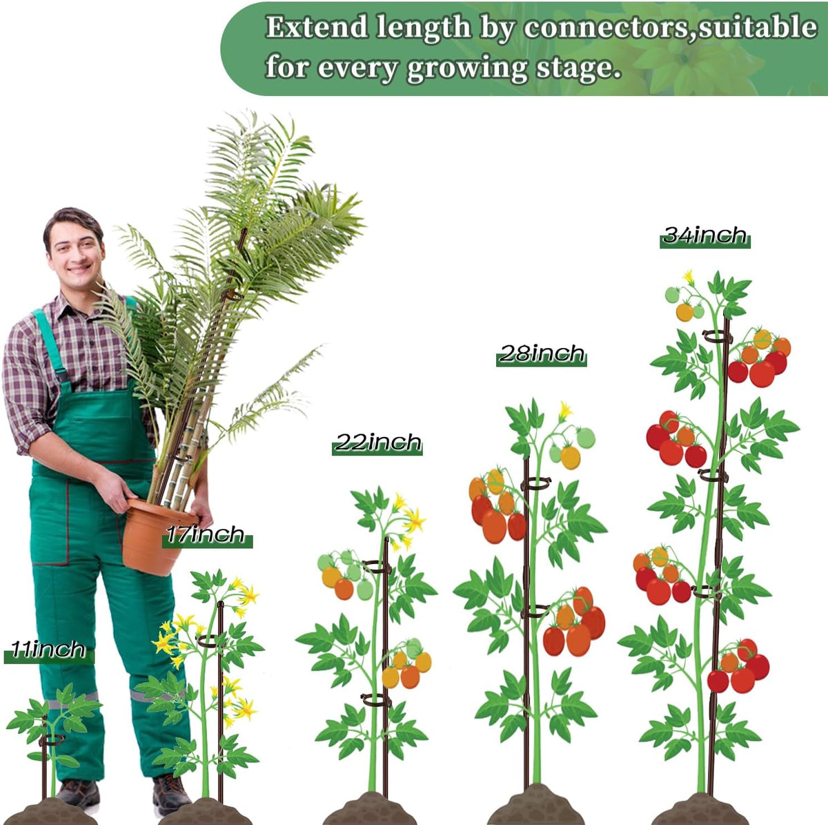 Plant Stakes 17inch &11inch SupKing 16Pcs Adjustable Flower Support Poles Brown Orchid Sticks with Clips for Indoor Outdoor Garden Potted Tomato Rose Amaryllis Vegetables Comes with 20 Ties
