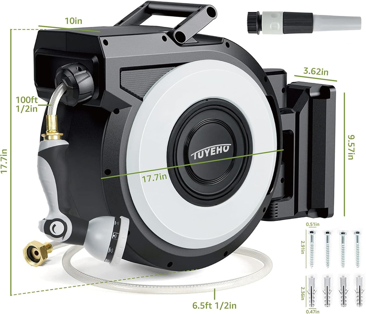 Tuyeho Retractable Garden Hose Reel 100FT, Wall Mount Heavy Duty Water Hose Reels with Automatic Slow Rewind System, Outdoor Hoses Reel with 2 Hose Nozzles for Garden Watering, Car Wash, Pet Shower