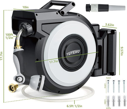 Tuyeho Retractable Garden Hose Reel 100FT, Wall Mount Heavy Duty Water Hose Reels with Automatic Slow Rewind System, Outdoor Hoses Reel with 2 Hose Nozzles for Garden Watering, Car Wash, Pet Shower