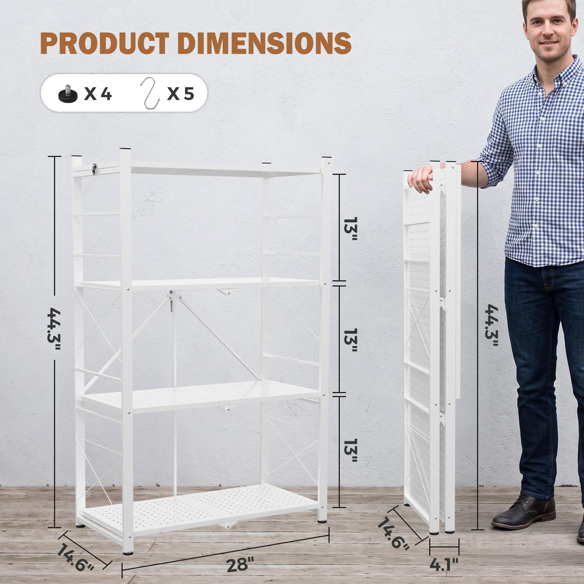 EAGLE PEAK 4-Tier Foldable Greenhouse Shelf, Heavy Duty Metal Storage Rack, No Assembly Steel Shelving Unit, Plant Stand for Greenhouse and Multi-Use Storage, 28”x14.6”x44.7”, 520 lbs, 1 Pack, White