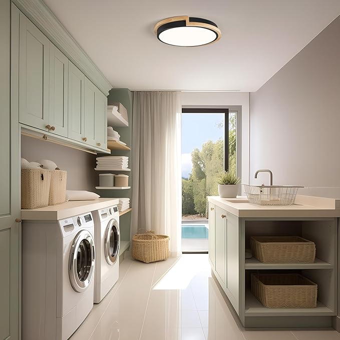 Modern LED Close to Ceiling Light, Round Shape Flush Mount Ceiling Light Fixture, Matte Black with Wood Accent, Minimalist Kitchen Lighting for Bedroom, Entryway, Laundry Room, Hallway 11.8in