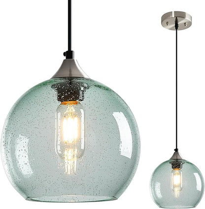 Light Green Glass Pendant Lights Kitchen Island Lighting Globe Pendant Light Fixtures Modern Pendant Lighting for Bedroom Living Dining Room Light Fixture (7.87 in, 1 Pack)