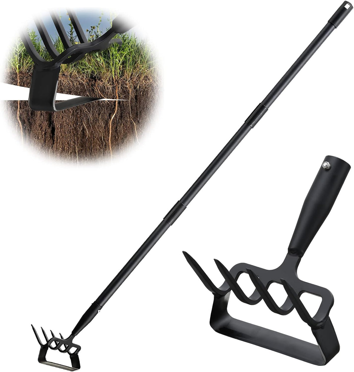 Garden Hoe, Heavy Duty Hula Hoe Garden Tool for Weeding, 62 Inch Cultivator Stirrup Hoe with Adjustable Long Handle, Action Scuffle Loop Hoe with Rake 2-in-1 Gardening Tool for Loosening Pulling Weed