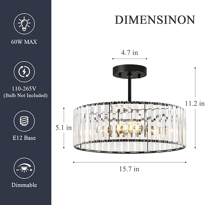 Crystal Black Ceiling Light, Modern Semi Flush Mount Ceiling Lighting Fixture, Round Hallway Lighting Fixtures Chandelier for Kitchen Entryway Bedroom Dining Room, 3-Light, 15.7 Inch