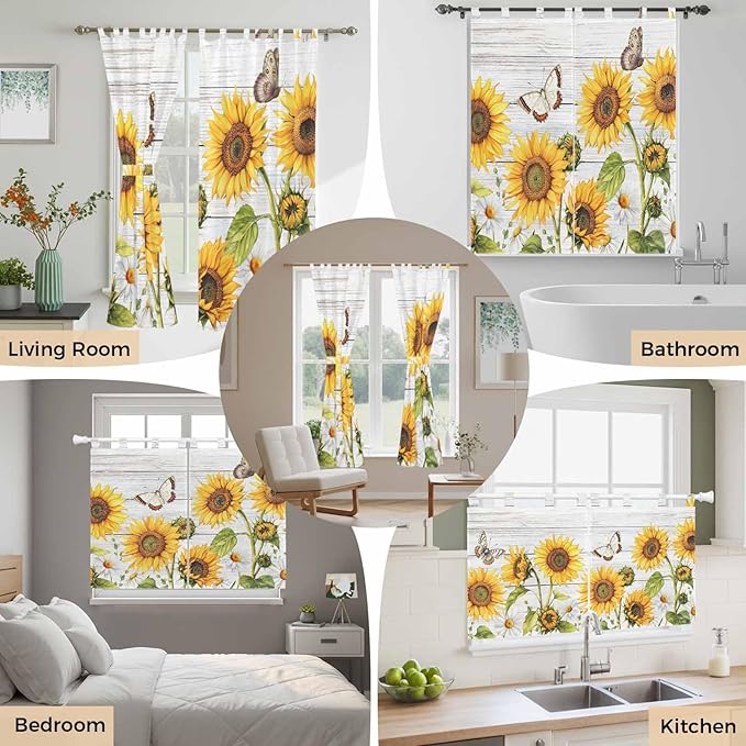 Yellow Sunflowers Living Room Curtains 96 Inch Length, Window Curtains Tab Top, Vintage Country Flowers Butterfly Wood Board Light Filtering Window Treatments Drapes 52"x96" 2 Panel