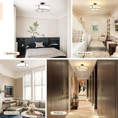 16" Semi Flush Mount Ceiling Light - 3 Lights Drum Light Fixture with Black Border White Fabric Shade, Farmhouse Close to Ceiling Light for Bedroom Living Dining Room Foyer and Hallway