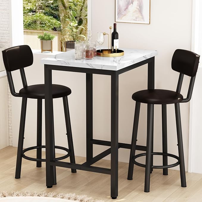 Dining Table Set, 23.6” Square Faux Marble Table with 2 PU Upholstered Backrest Chairs, 3-Piece Kitchen Dining Room Set for Small Spaces, Kitchen, Restaurant Furniture, White
