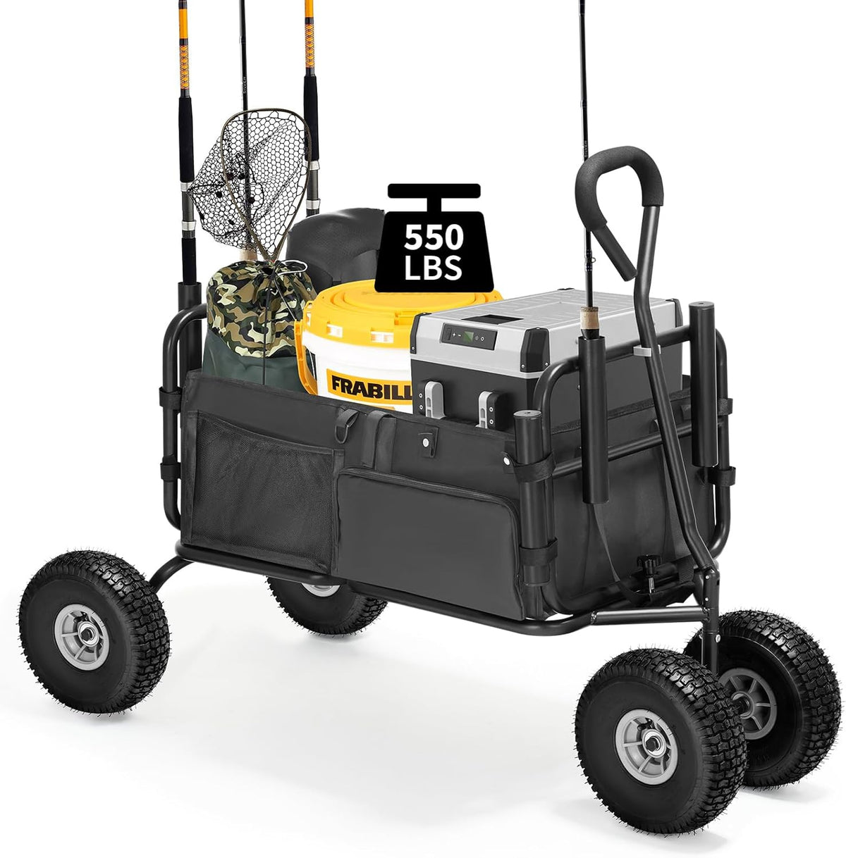 Fishing Cart Beach Cart Collapsible Wagon with 11”All Terrain Big Wheels,Heavy-Duty Garden Carts with 6 Holders and Storage Pocket for Outdoor,Fishing, Picnic