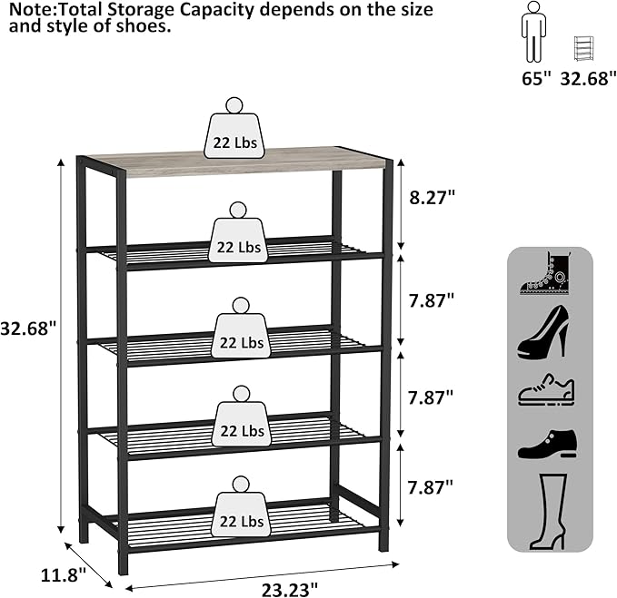 HOMEFORT 5 Tiers Shoe Rack Organizer,23" Shoe Storage Shelf for Closet, Shoe Rack for Entryway, Each Tier Fits 3 Pairs, Shoe Stand with Metal Shelves and MDF Top Board, Washed Gray